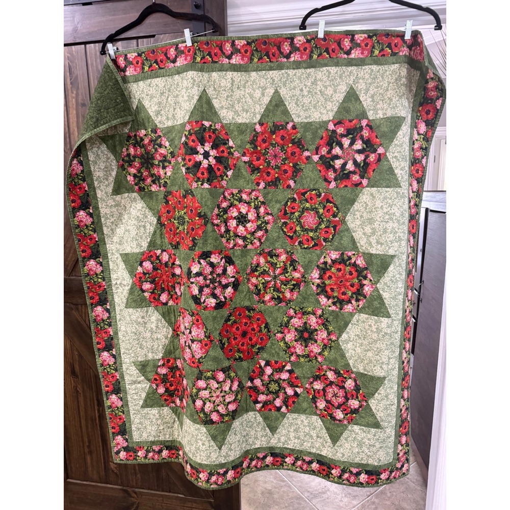 Handmade Floral Poppy Quilt One Block Wonder Hexagon Throw Green Red 54x63